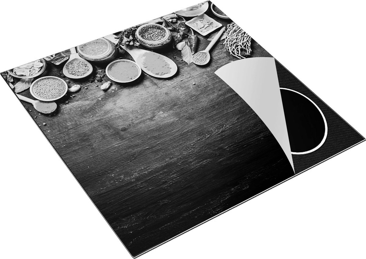 Chefcare Inductie Beschermer Indiase Kruiden op een Zwarte Tafel - Zwart Wit - 78x78 cm - Afdekplaat Inductie - Kookplaat Beschermer - Inductie Mat
