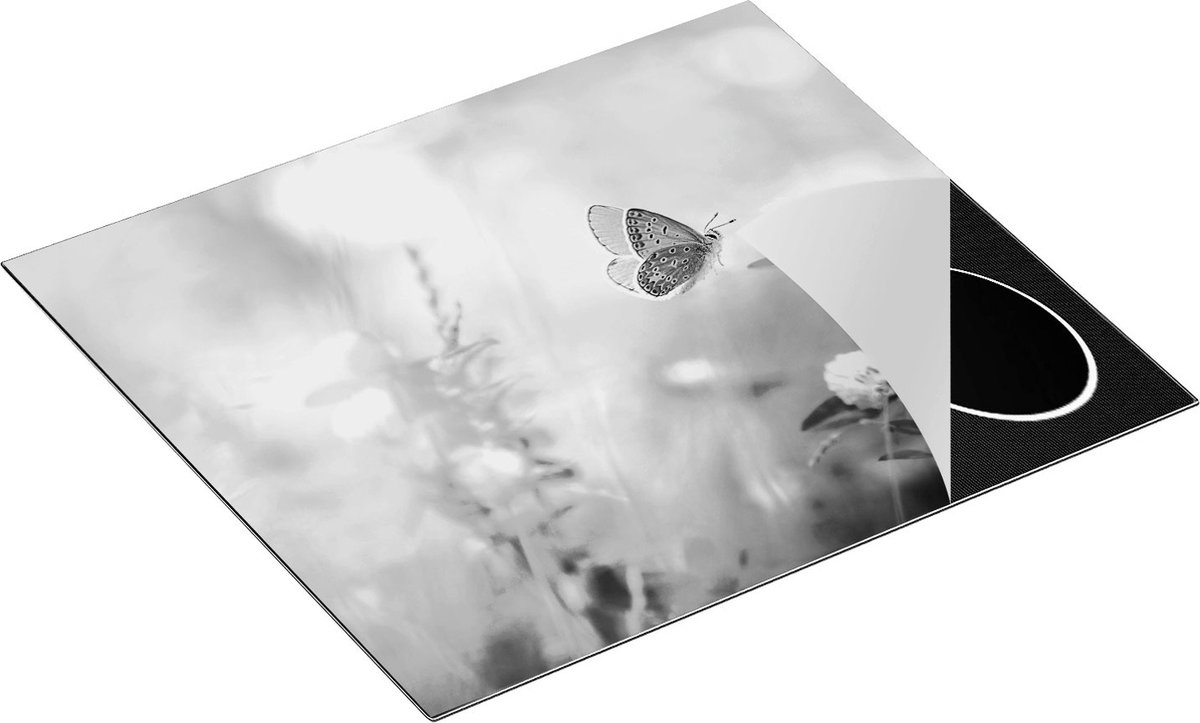 Chefcare Inductie Beschermer Blauwe Vlinder bij een Paarse Bloem - Zwart Wit - 60x55 cm - Afdekplaat Inductie - Kookplaat Beschermer - Inductie Mat