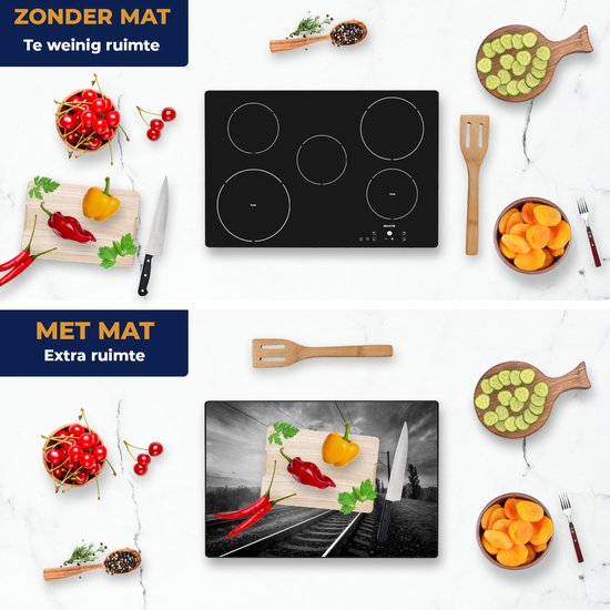 Chefcare Inductie Beschermer Rails Spoorweg bij Zonsondergang - Zwart Wit - 77x51 cm - Afdekplaat Inductie - Kookplaat Beschermer - Inductie Mat