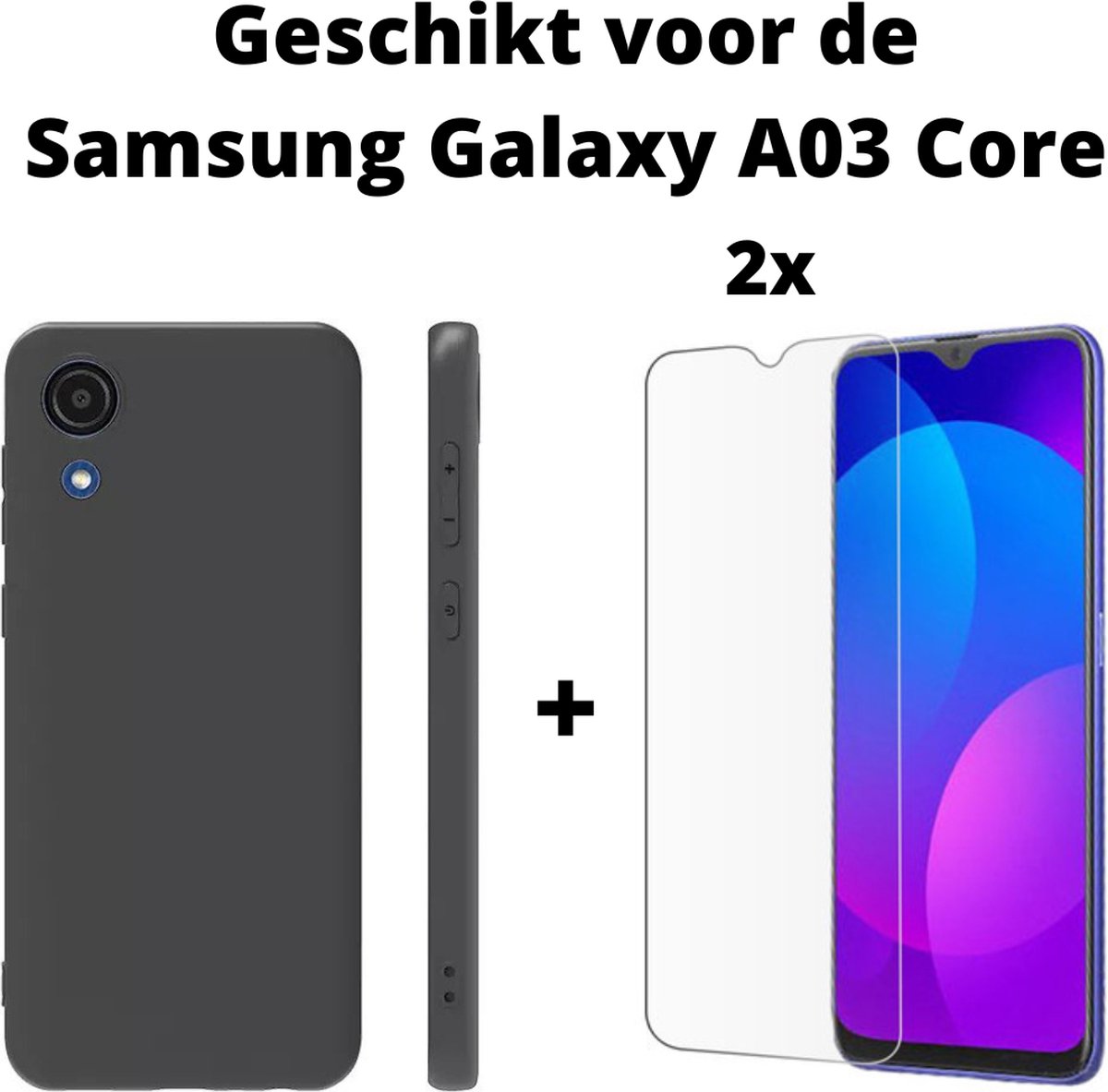 Samsung Galaxy A03 Core Achterkant Hoesje Zwart + 2x Screen Protector - galaxy a03 core tpu backcover black + scherm protectie - Samsung A03 backcase tpu zwart + tempert glas