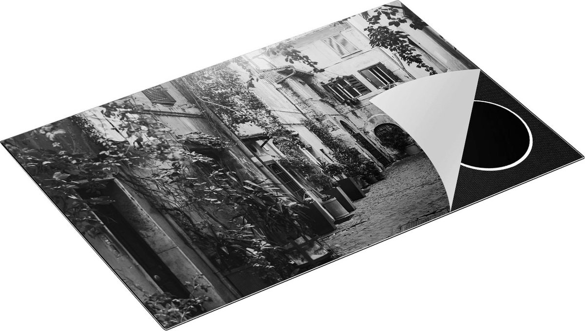 Chefcare Inductie Beschermer Straatje in Rome met Groene Planten - Zwart Wit - 80x55 cm - Afdekplaat Inductie - Kookplaat Beschermer - Inductie Mat