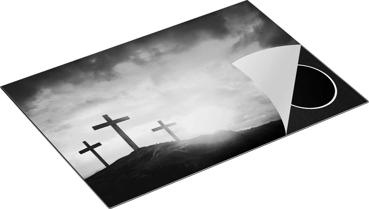 Chefcare Inductie Beschermer Kruisiging van Jezus Christus - Drie Kruisen - Zwart Wit - 75x55 cm - Afdekplaat Inductie - Kookplaat Beschermer - Inductie Mat