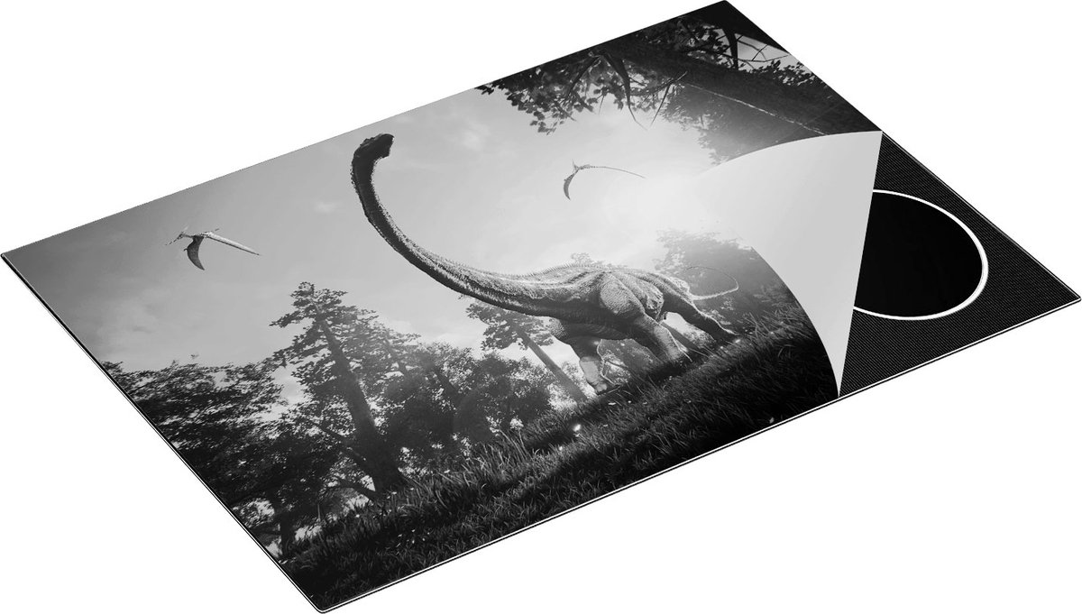 Chefcare Inductie Beschermer Diplodocus Dinosauriër in het Bos - Zwart Wit - 77x51 cm - Afdekplaat Inductie - Kookplaat Beschermer - Inductie Mat