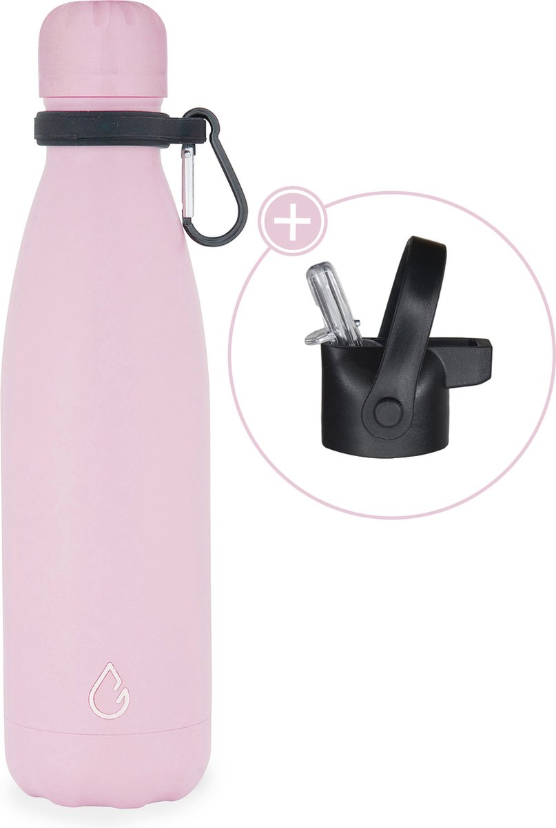 Wattamula Luxe design eco RVS drinkfles - pastel roze - extra dop met rietje en carrier - 500 ml - waterfles - thermosfles - sport