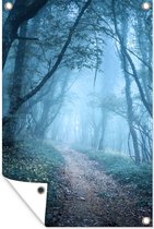 Tuinposter - Tuin - Natuur - Mist - Bomen - 60x90 cm - Tuindoek - Wanddecoratie - Tuindecoratie