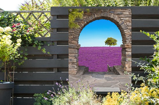 Affiche de jardin - Vue - Lavande - Arbre - Fleurs - Paysage - 90x120 cm - Décoration de clôture - Toile de jardin