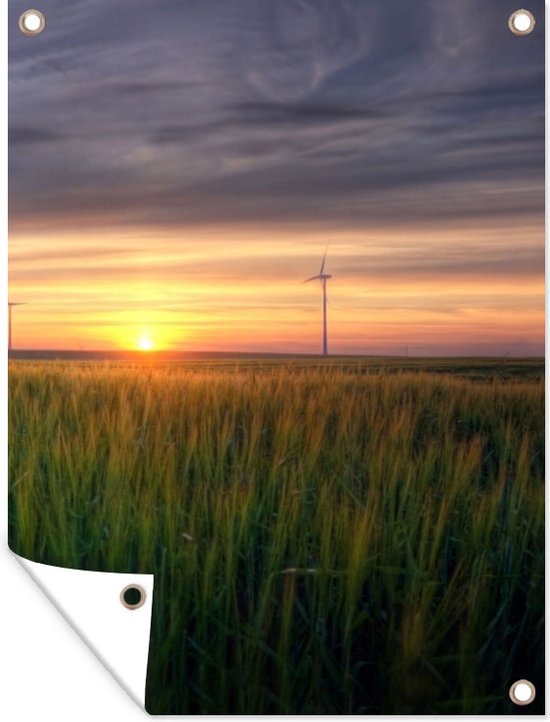 Tuinposter - Windmolen - Schutting decoratie - Gras - Tuindecoratie - Tuin - Lucht - Zonsondergang - Lucht - 90x120 cm - Tuindoek - Buitenposter