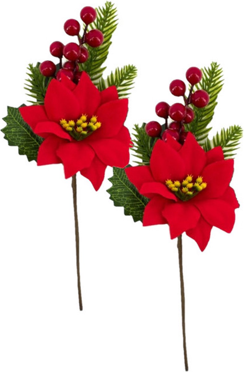 2x stuks kerststukje stekertjes met hulst/bessen/dennentak/kerstster groen/rood 26 cm - Versieren van kerstkrans/stukjes