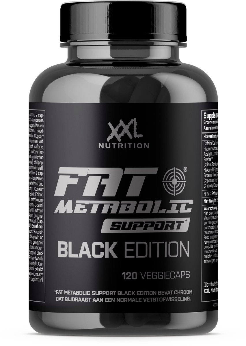XXL Nutrition - Fat Metabolic Support Black Edition - Vet Verbranden, Afvallen, Fat Burner, Dieet, Vetverbrander, Gewichtsverlies - Cafeïne, Hydroxyctric Acid & EnXtra - 120 Veggiecaps: Vegan Capsules - XXL Nutrition