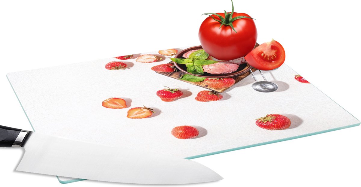 Glazen Snijplank - 28x20 - Aardbei - Fruit - Kruiden - IJs - IJsboltang - Snijplanken Glas