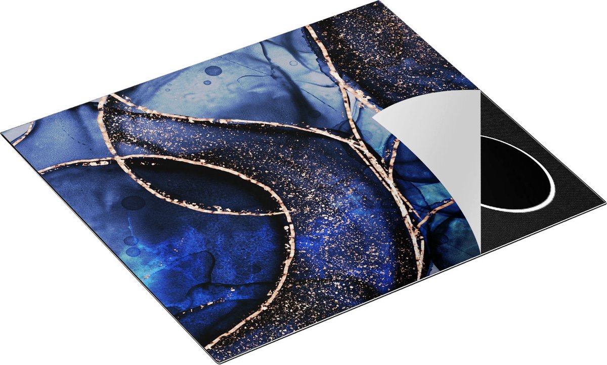 Chefcare Inductie Beschermer Abstracte Kunst - Blauwe Marmer met Gouden Patronen - 60x52 cm - Afdekplaat Inductie - Kookplaat Beschermer - Inductie Mat