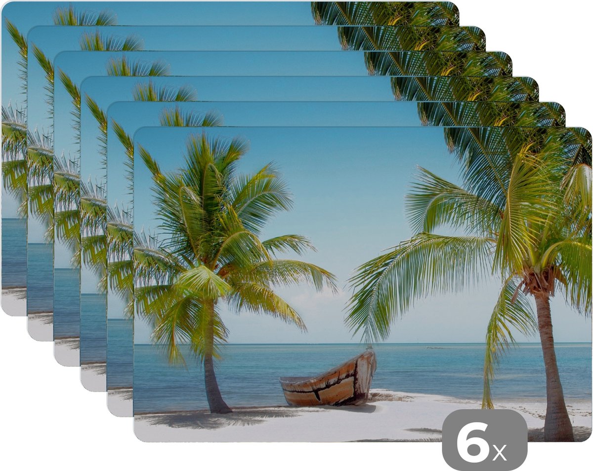 Placemats - Palmboom - Strand - Zee - Boot - 45x30 cm - Placemat - Onderlegger - 6 stuks