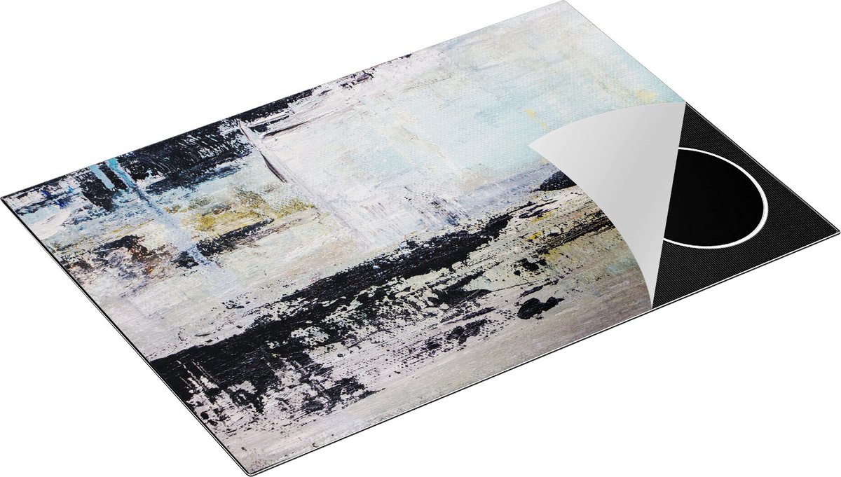 Chefcare Inductie Beschermer Abstracte Kunst - Acryl met Zwarte Vagen op Wit - 77x51 cm - Afdekplaat Inductie - Kookplaat Beschermer - Inductie Mat