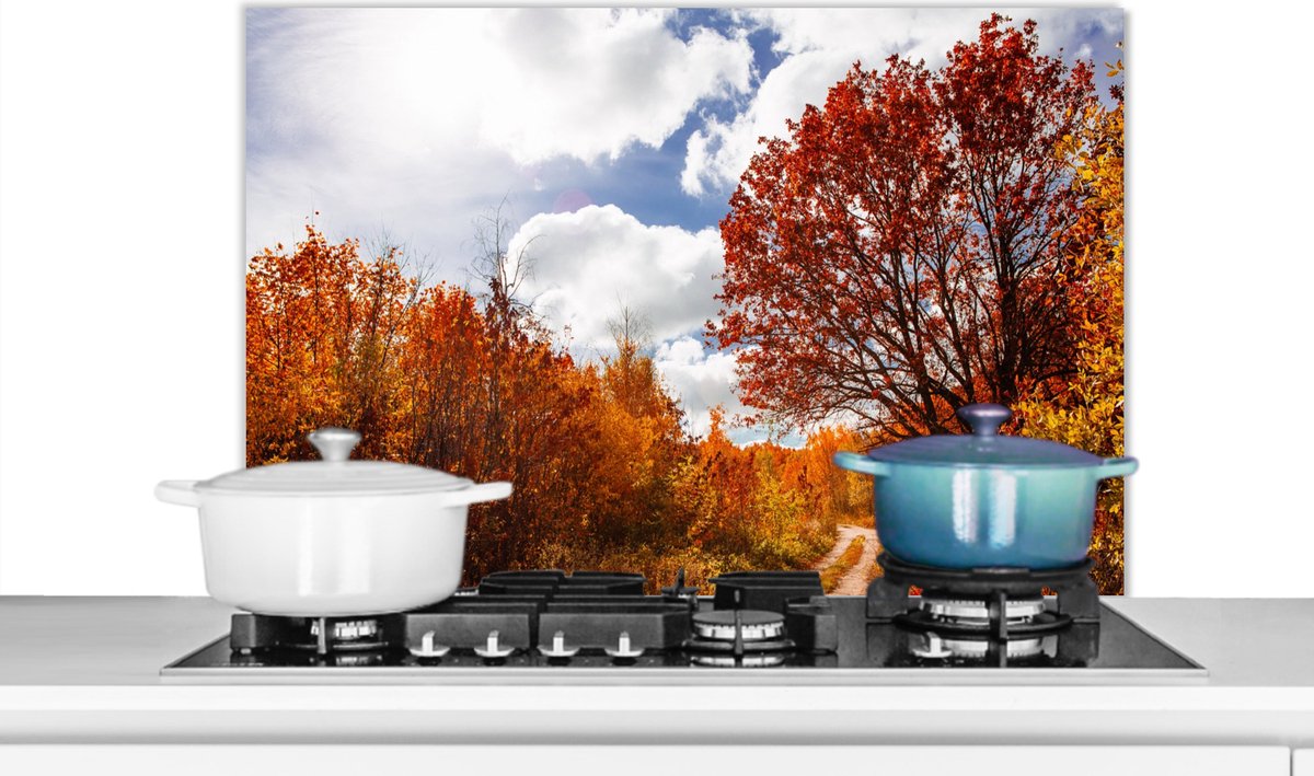 KitchenYeah - Spatscherm - Boom - Herfst - Rood - Lucht - 80x55 cm - Muurbeschermer