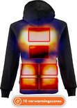 Achterkant van zwarte hoodie met 10 verwarmingszones, aangegeven met rode rechthoeken.