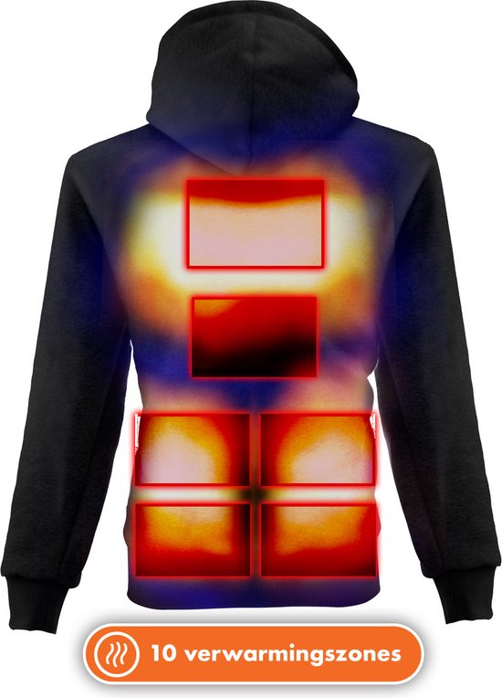 Achterkant van zwarte hoodie met 10 verwarmingszones, aangegeven met rode rechthoeken.