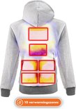Achterkant grijze hoodie met 10 verwarmingszones, aangegeven met rode en gele vakken.