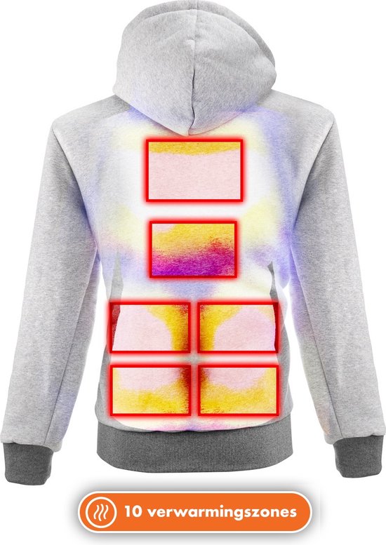 Achterkant grijze hoodie met 10 verwarmingszones, aangegeven met rode en gele vakken.