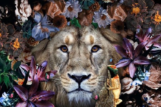 120 x 80 cm - Peinture sur verre - Lion - plantes et animaux indigènes - peinture photo d'art - impression photo sur verre