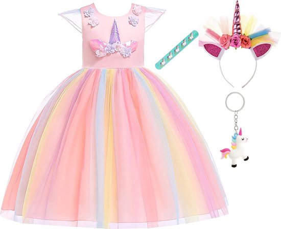 Unicorn Jurk | Eenhoorn Jurk | Prinsessenjurk Meisje | maat 122/128(140)|Verkleedkleren Meisje |Prinsessen Verkleedkleding | Carnavalskleding Kinderen | + Haarband |Roze