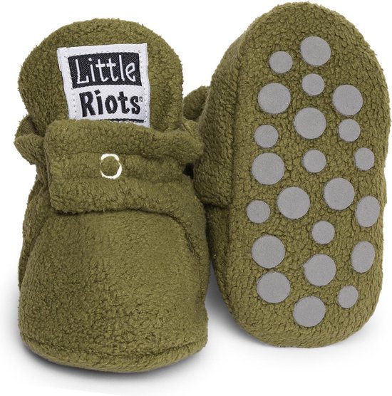 Little Riots - babyslofjes - antislip - fleece stepper - olijf groen - slofjes voor je baby, dreumes en peuter voor jongens en meisjes - 18-24 Maanden (14cm) - schoenmaat 22-23