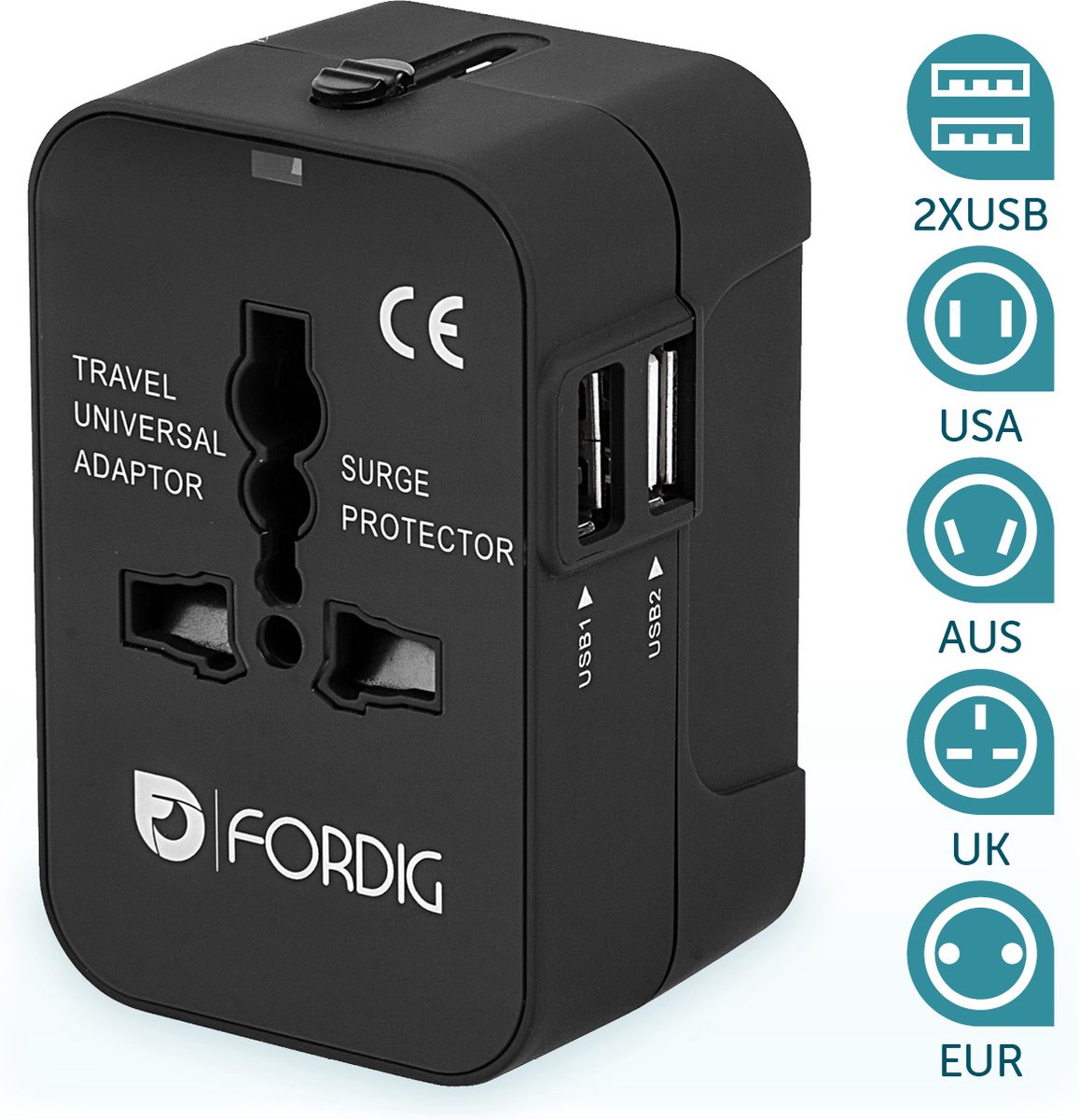 ForDig Universele Wereldstekker met 2 Fast Charge USB Poorten - Reisstekker Geschikt voor 150+ Landen - Reis Stekker Adapter - ForDig