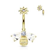 Navelpiercing bij met steentjes in vleugel en hoofd met bloemen top - goud - LMPiercings