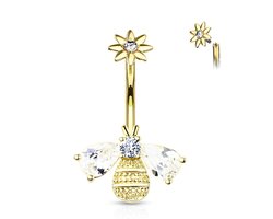 Navelpiercing bij met steentjes in vleugel en hoofd met bloemen top gold plated - LMPiercings
