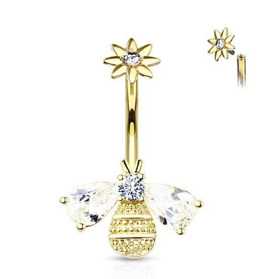 Gouden navelpiercing met een bijvorm. De bij heeft een lichaam met ribbels, witte druppelvormige steentjes als vleugels en een klein steentje in het hoofd. De top is een goudkleurige bloem met een wit steentje in het midden.