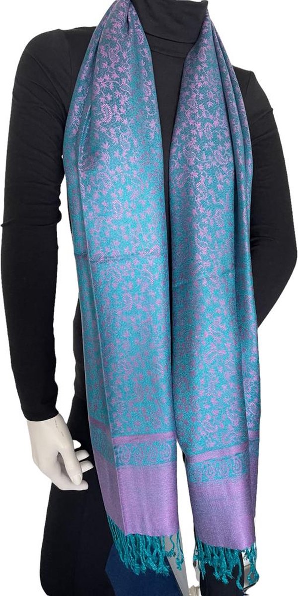 Sjaal dames- Pashmina Sjaal- Fijn geweven trendy Sjaal Omslagdoek 210/2- Blauw met Paars