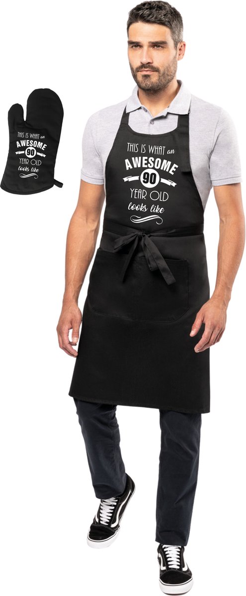 Awesome 90 year - 90 jaar cadeau - keukenschort - BBQ schort - verjaardag - zwart - met ovenwant
