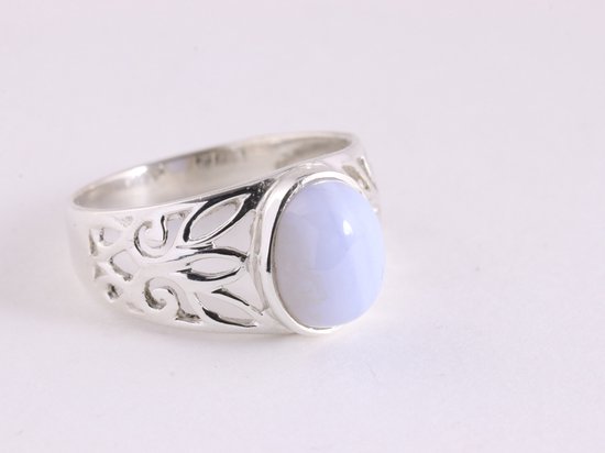 Opengewerkte zilveren ring met blauwe lace agaat - maat 19.5