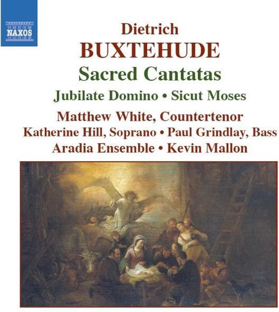 Albumcover met de titel 'Dietrich BUXTEHUDE Sacred Cantatas' en een schilderij van de geboorte van Jezus met engelen.