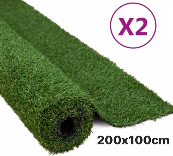 Deux rouleaux de gazon artificiel vert avec le texte 200x100cm.