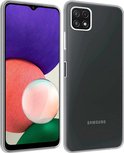 Transparant siliconen hoesje om een Samsung Galaxy A22 5G met paars, roze en groene achtergrond.