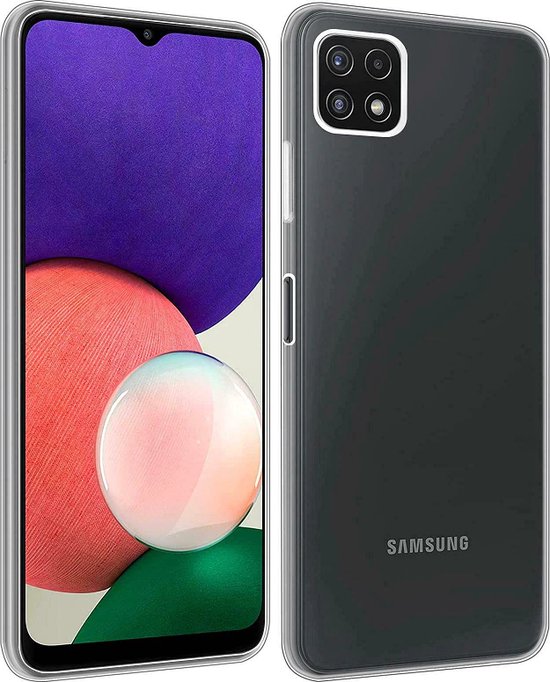 Transparant siliconen hoesje om een Samsung Galaxy A22 5G met paars, roze en groene achtergrond.