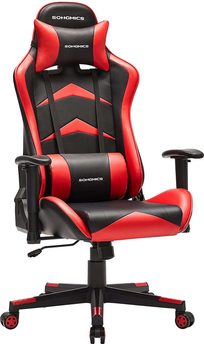 Hoppa! Gamingstoel, bureaustoel, ergonomische bureaustoel, verstelbare armleuningen, 90-135 kantelhoek, schommelfunctie, belastbaar tot 150 kg, stalen frame, zwart-rood
