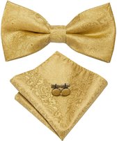 Vlinderdas inclusief pochet en manchetknopen – 100% zijden – Paisley - goud - Sorprese - vlinderstrik - strik - pochette – heren