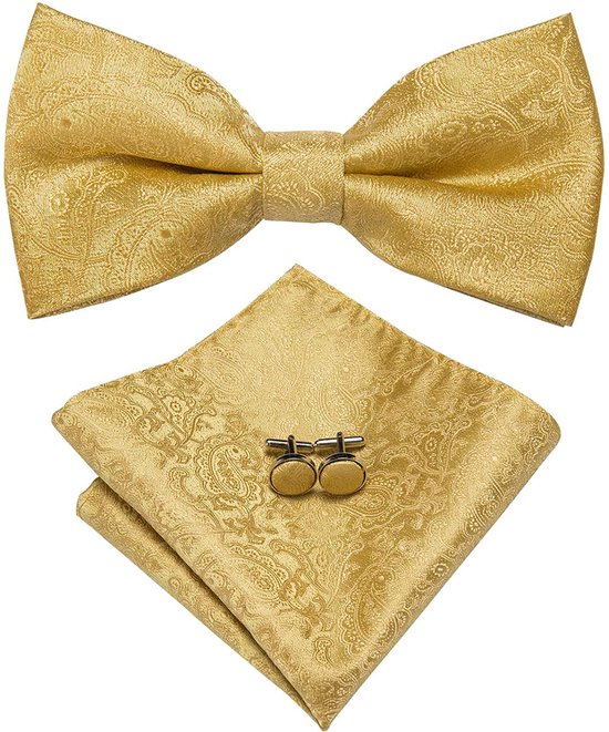 Vlinderdas inclusief pochet en manchetknopen - 100% zijden - Paisley - goud - vlinderstrik - strik - pochette – heren - Cadeau