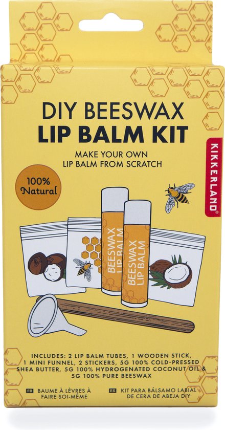 Gele doe-het-zelf bijenwas lipbalsem kit met afbeeldingen van kokosnoot, kokosolie en bijen.