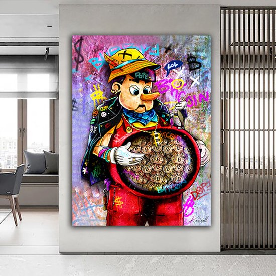 Luxe Canvas Schilderij Pinoccio Bitcoin | 40x60 | Woonkamer | Slaapkamer | Kantoor | Muziek | Design | Art | Modern | ** 4CM DIK! 3D EFFECT**