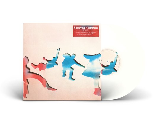 Hoes en witte vinylplaat van 5 Seconds Of Summer - 5SOS5. De hoes heeft silhouetten van springende figuren in rood en blauw.