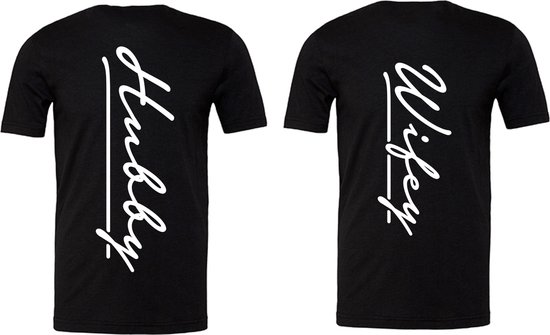 T-shirt set koppel goals-Hubby en Wifey op de achterkant-Zwart-Verkrijgbaar in verschillende maatseries-Maat S