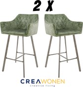 Barkrukken Set van 2 stuks - Vinum barstoel met armleuning / rugleuning  - Groen velours - Industrieel Barstoelen - Design Barkruk