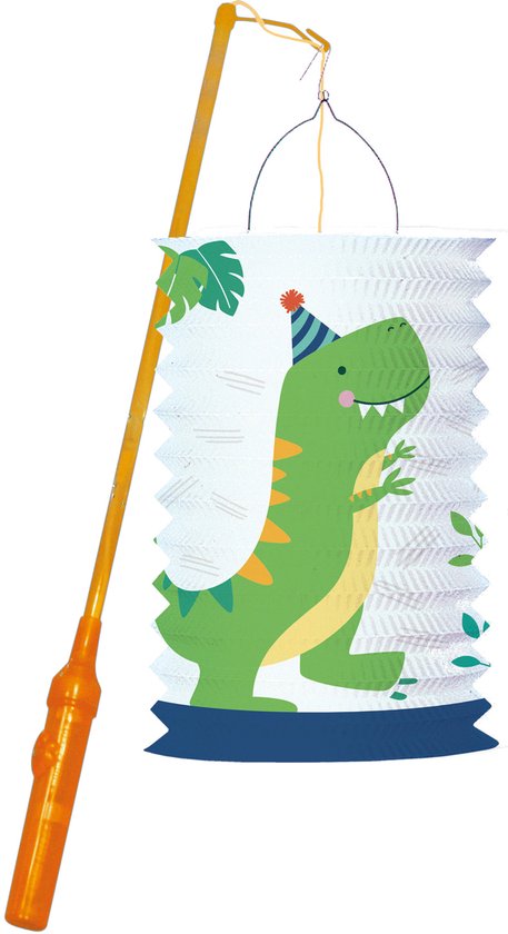 Lampion met een lachende groene dinosaurus met feestmuts op, aan een oranje lichtstok.