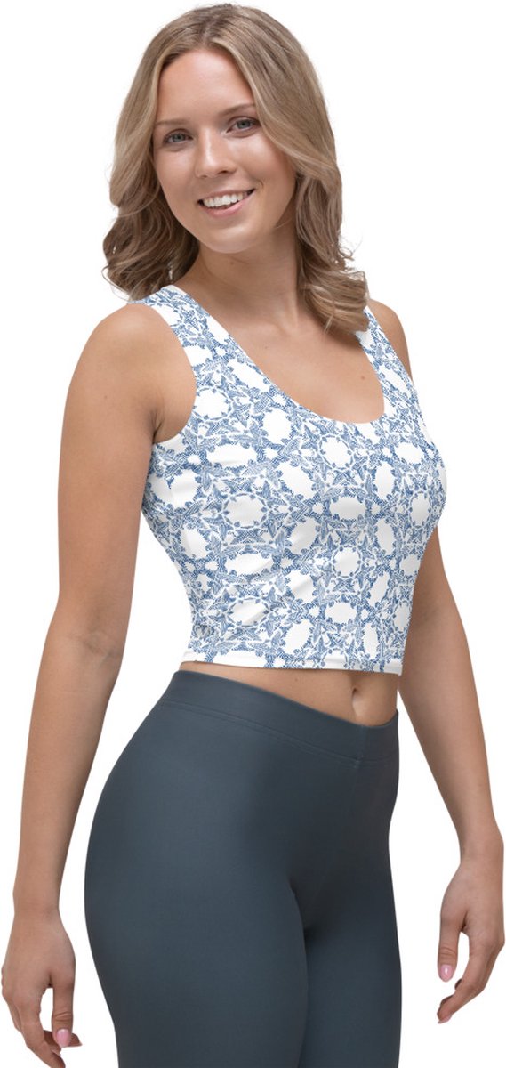 CropTop - design - design Grace in Lace - Dry Fit - High Performance - unieke print - 4way stretch - UPF 50+ - Hardloop - Yoga - Fitness - Dans - Pilates - Training - Sport Top - dames - wit klassiekblauw - maat S