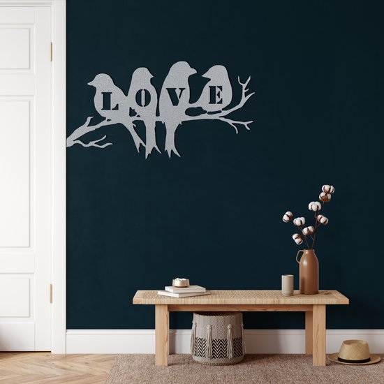 Wanddecoratie | Vogels op Tak  / Birds on Branch| Metal - Wall Art | Muurdecoratie | Woonkamer |Zilver| 76x38cm