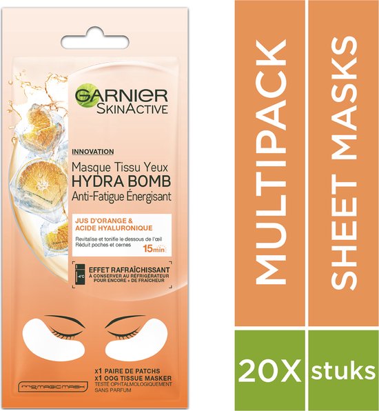Garnier Skinactive Face Sheet Oogmasker - Sinaasappelsap en Hyaluronzuur - 20 stuks - Voordeelverpakking - Garnier