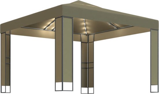 vidaXL - Prieel - met - dubbel - dak - en - LED-lichtslinger - 3x3x2,7 - m - taupe