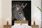 Behang - Fotobehang Dichtbij weergeven beeld van zebra op zwarte achtergrond - Breedte 225 cm x hoogte 350 cm